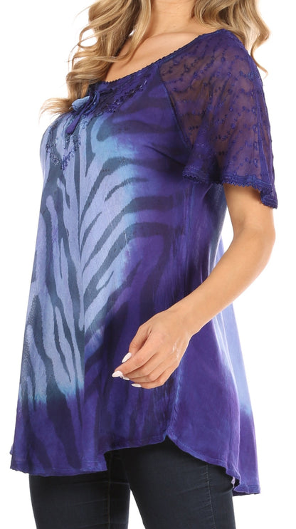 Sakkas Petra Women's Casual Loose Flared Corset Short Sleeve Lace Blouse Top Tunic - Buy One Get One Free