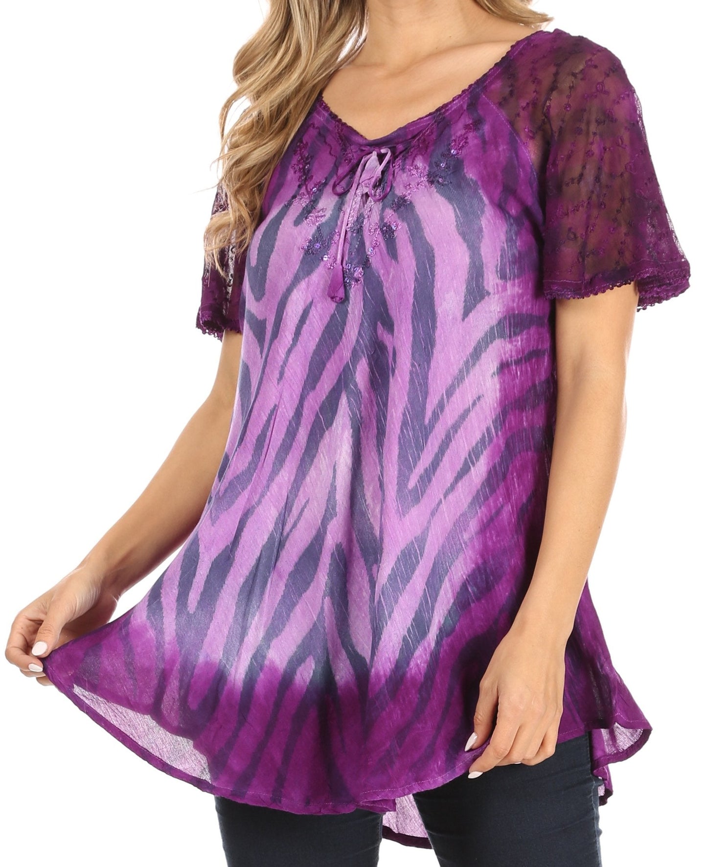 Sakkas Petra Women's Casual Loose Flared Corset Short Sleeve Lace Blouse Top Tunic - Buy One Get One Free