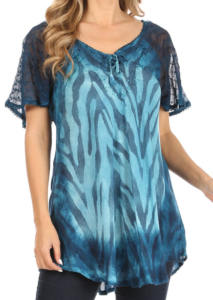 Sakkas Petra Women's Casual Loose Flared Corset Short Sleeve Lace Blouse Top Tunic - Buy One Get One Free