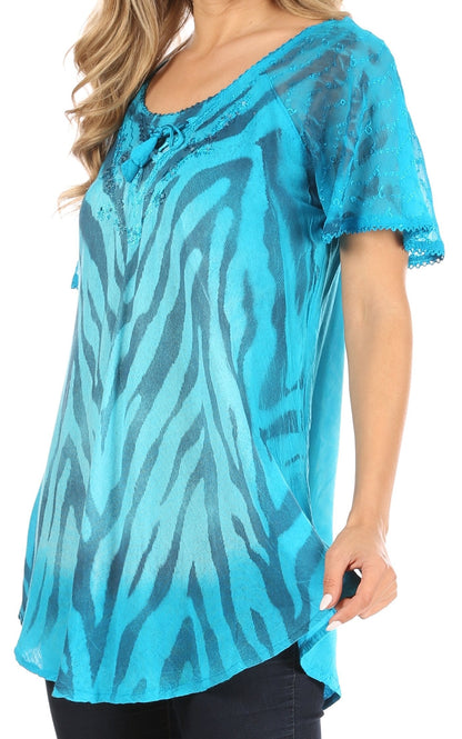 Sakkas Petra Women's Casual Loose Flared Corset Short Sleeve Lace Blouse Top Tunic - Buy One Get One Free