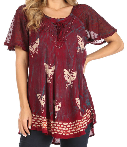 Sakkas Petra Women's Casual Loose Flared Corset Short Sleeve Lace Blouse Top Tunic - Buy One Get One Free