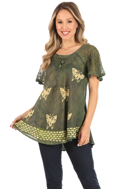 Sakkas Petra Women's Casual Loose Flared Corset Short Sleeve Lace Blouse Top Tunic - Buy One Get One Free