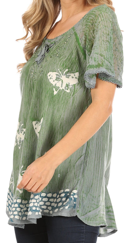 Sakkas Petra Women's Casual Loose Flared Corset Short Sleeve Lace Blouse Top Tunic - Buy One Get One Free