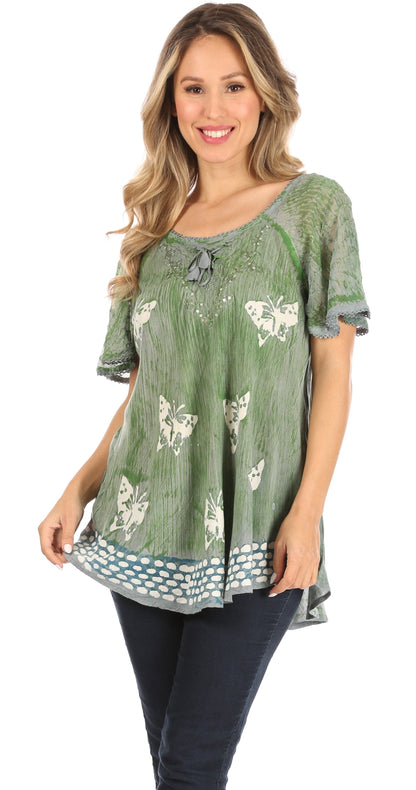 Sakkas Petra Women's Casual Loose Flared Corset Short Sleeve Lace Blouse Top Tunic - Buy One Get One Free