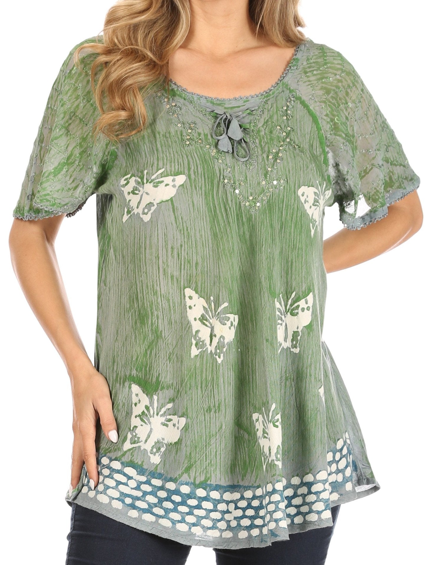 Sakkas Petra Women's Casual Loose Flared Corset Short Sleeve Lace Blouse Top Tunic - Buy One Get One Free