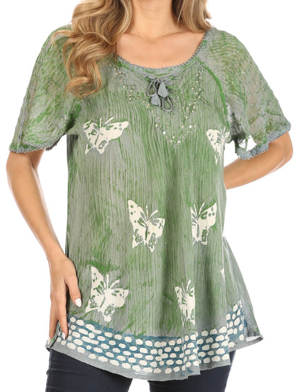 Sakkas Petra Women's Casual Loose Flared Corset Short Sleeve Lace Blouse Top Tunic - Buy One Get One Free