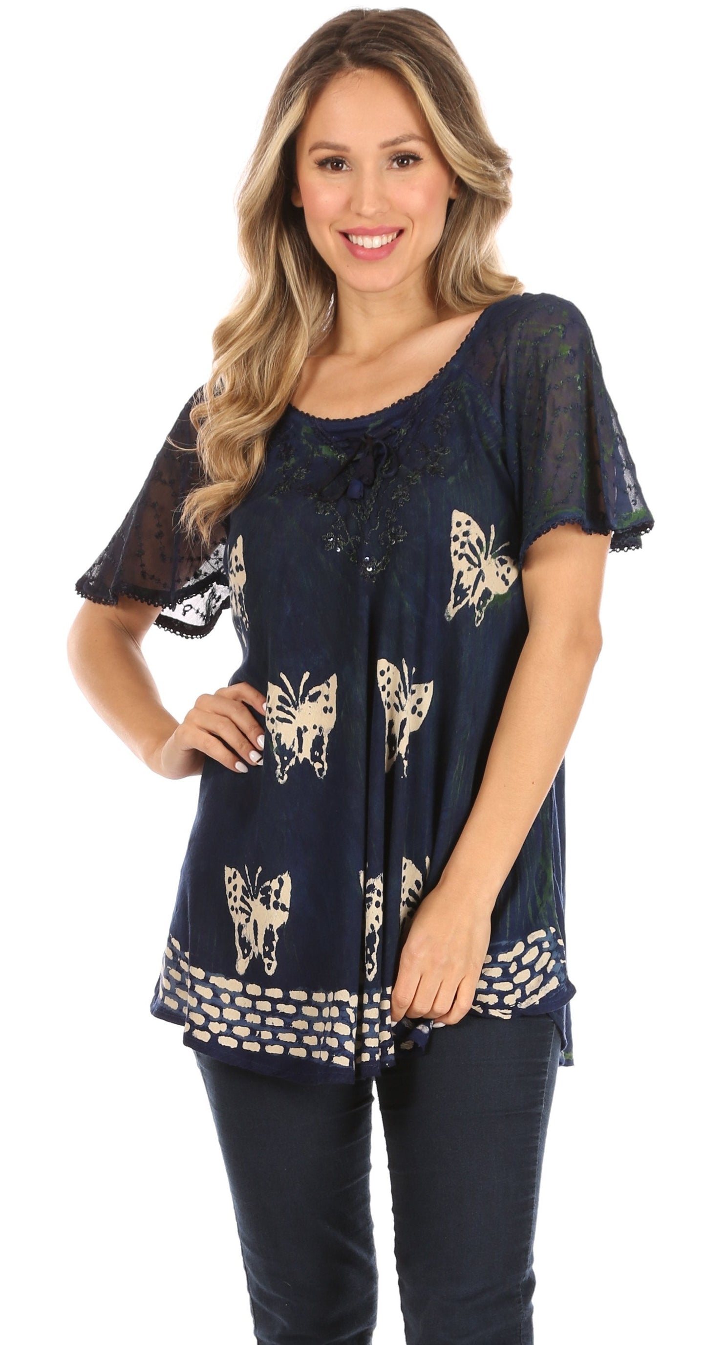 Sakkas Petra Women's Casual Loose Flared Corset Short Sleeve Lace Blouse Top Tunic - Buy One Get One Free