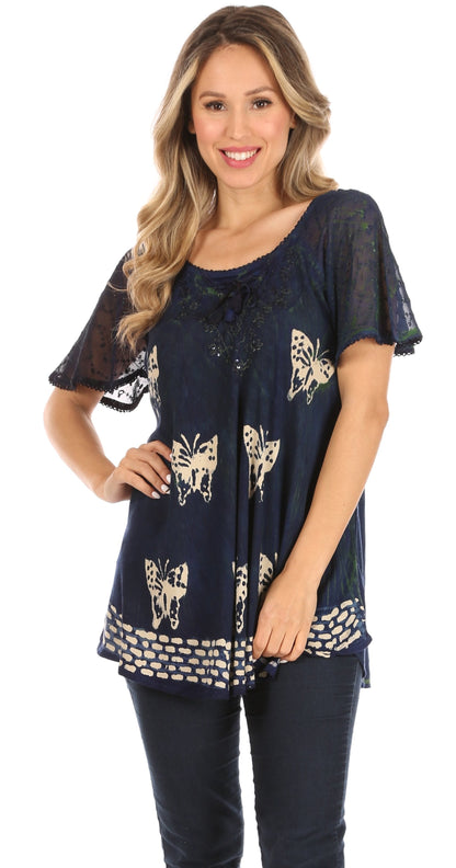 Sakkas Petra Women's Casual Loose Flared Corset Short Sleeve Lace Blouse Top Tunic - Buy One Get One Free