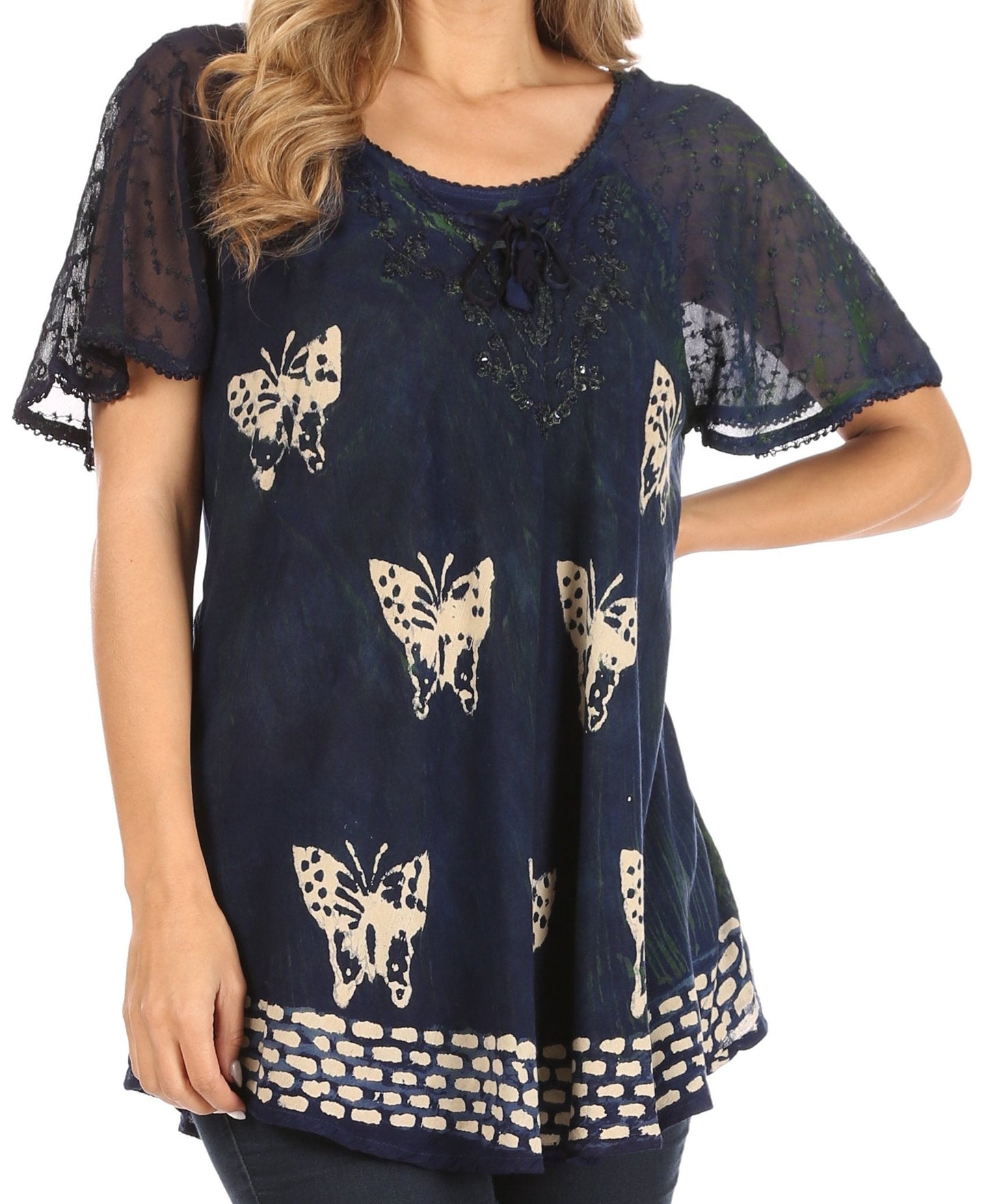 Sakkas Petra Women's Casual Loose Flared Corset Short Sleeve Lace Blouse Top Tunic - Buy One Get One Free