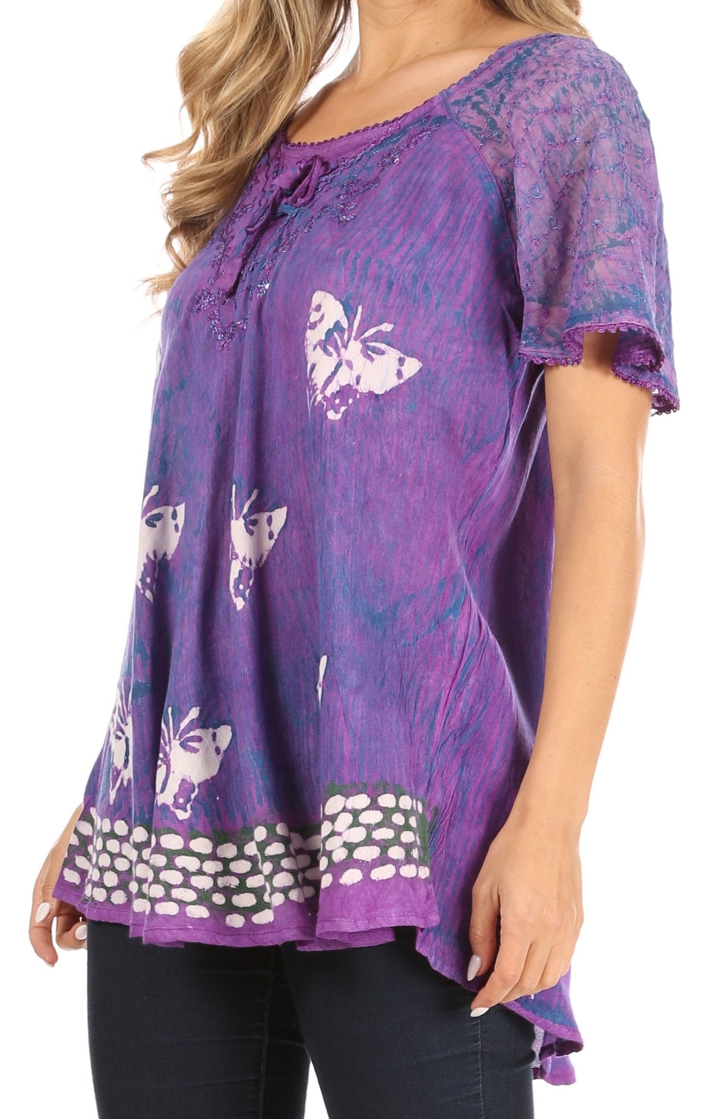 Sakkas Petra Women's Casual Loose Flared Corset Short Sleeve Lace Blouse Top Tunic - Buy One Get One Free