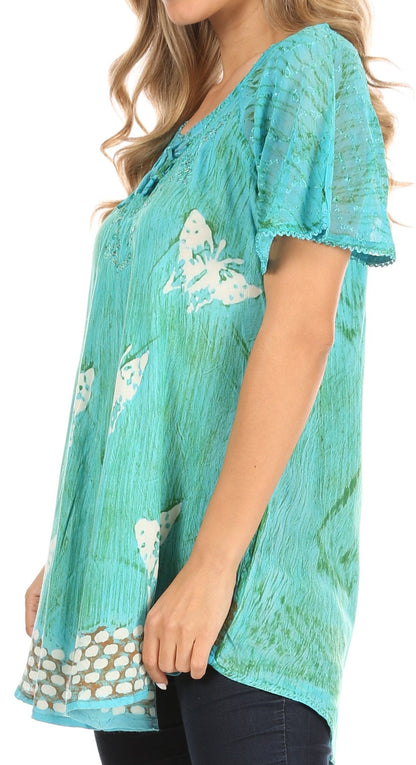 Sakkas Petra Women's Casual Loose Flared Corset Short Sleeve Lace Blouse Top Tunic - Buy One Get One Free