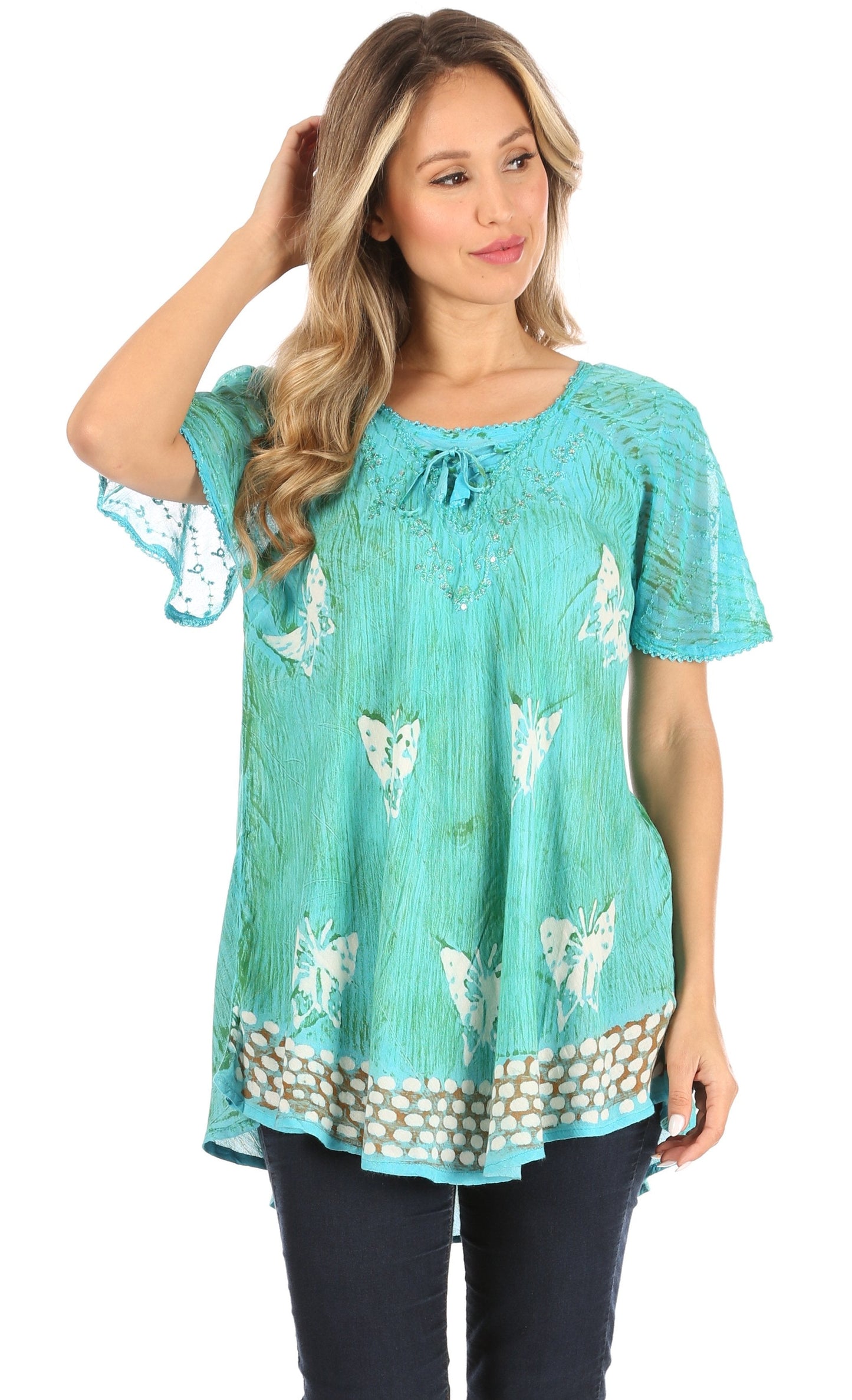 Sakkas Petra Women's Casual Loose Flared Corset Short Sleeve Lace Blouse Top Tunic - Buy One Get One Free