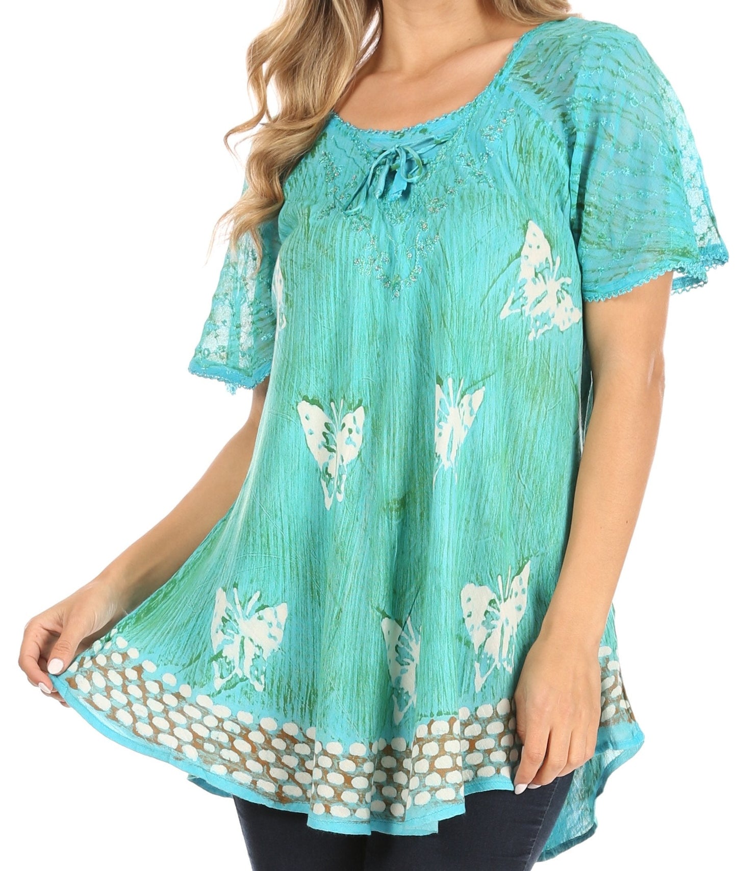 Sakkas Petra Women's Casual Loose Flared Corset Short Sleeve Lace Blouse Top Tunic - Buy One Get One Free