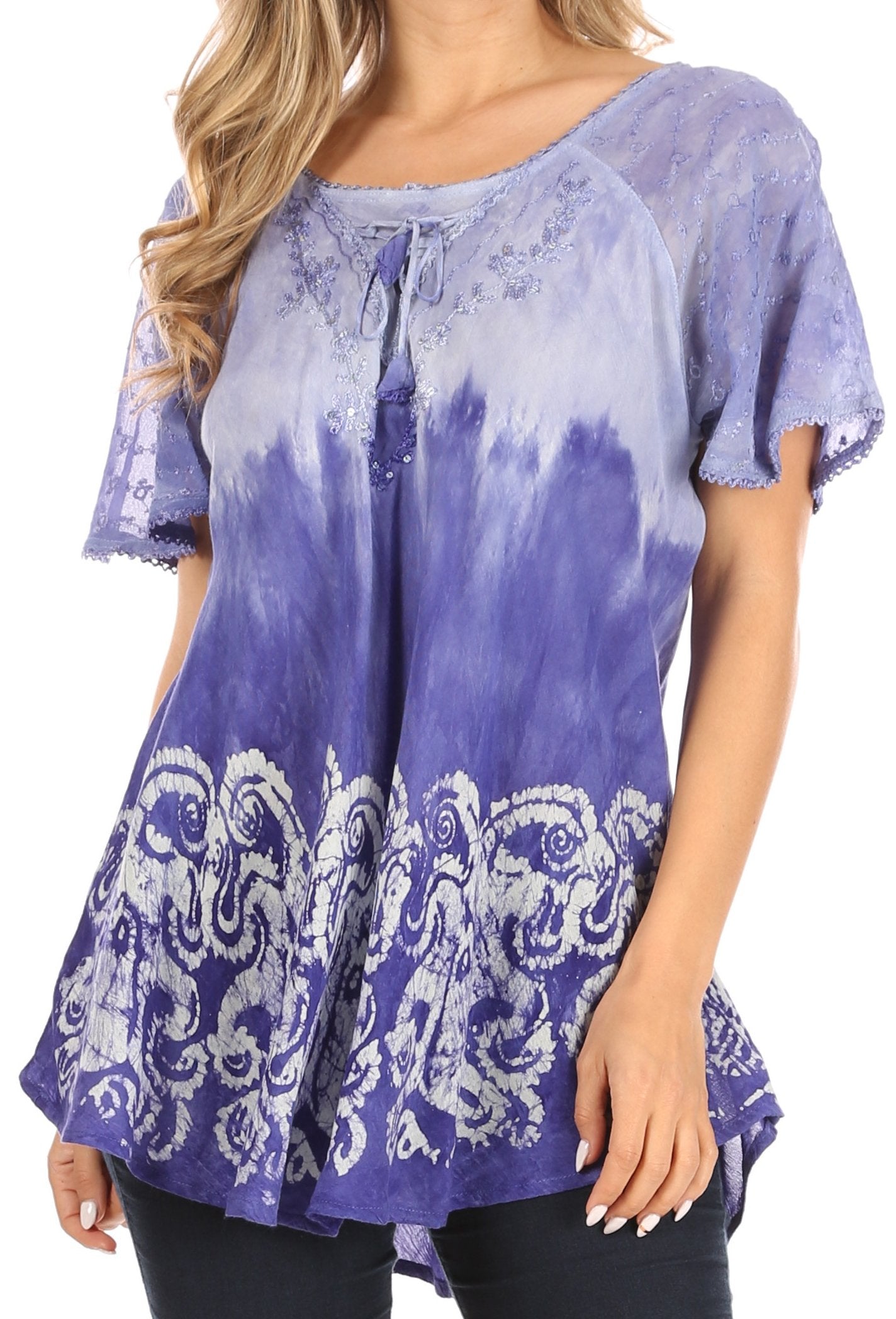 Sakkas Petra Women's Casual Loose Flared Corset Short Sleeve Lace Blouse Top Tunic - Buy One Get One Free