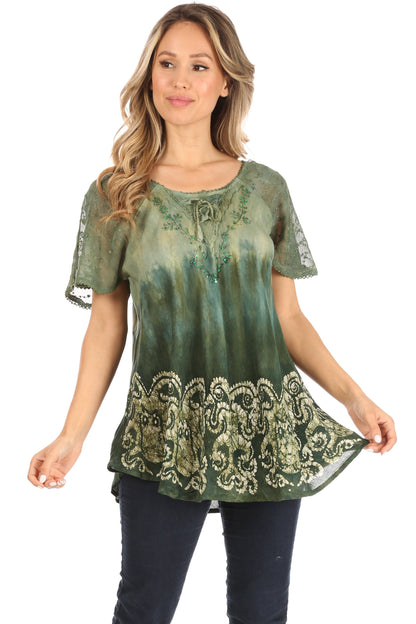 Sakkas Petra Women's Casual Loose Flared Corset Short Sleeve Lace Blouse Top Tunic - Buy One Get One Free