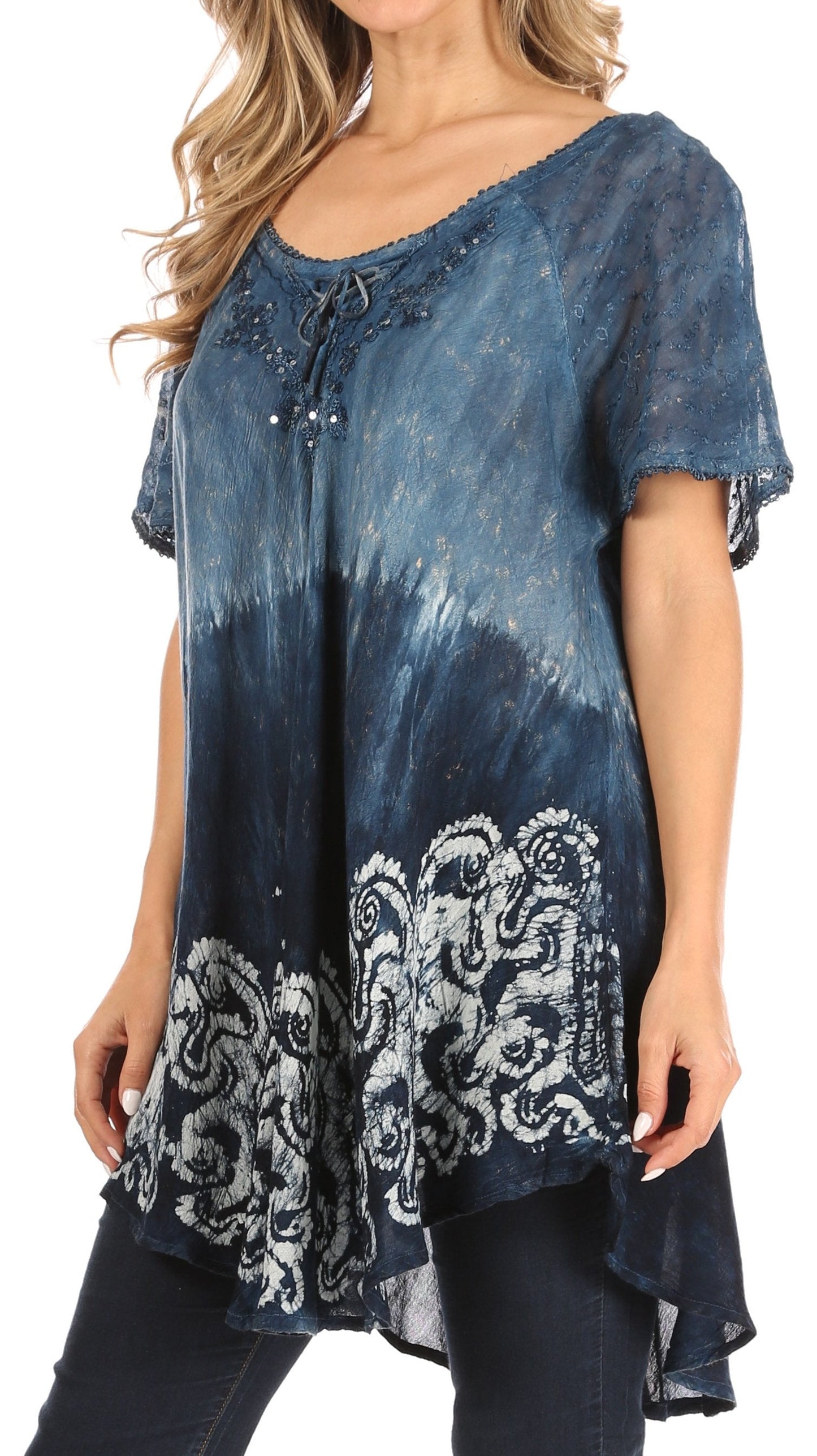 Sakkas Petra Women's Casual Loose Flared Corset Short Sleeve Lace Blouse Top Tunic - Buy One Get One Free