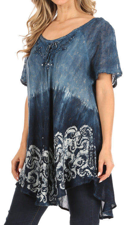 Sakkas Petra Women's Casual Loose Flared Corset Short Sleeve Lace Blouse Top Tunic - Buy One Get One Free