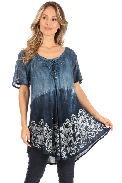 Sakkas Petra Women's Casual Loose Flared Corset Short Sleeve Lace Blouse Top Tunic - Buy One Get One Free