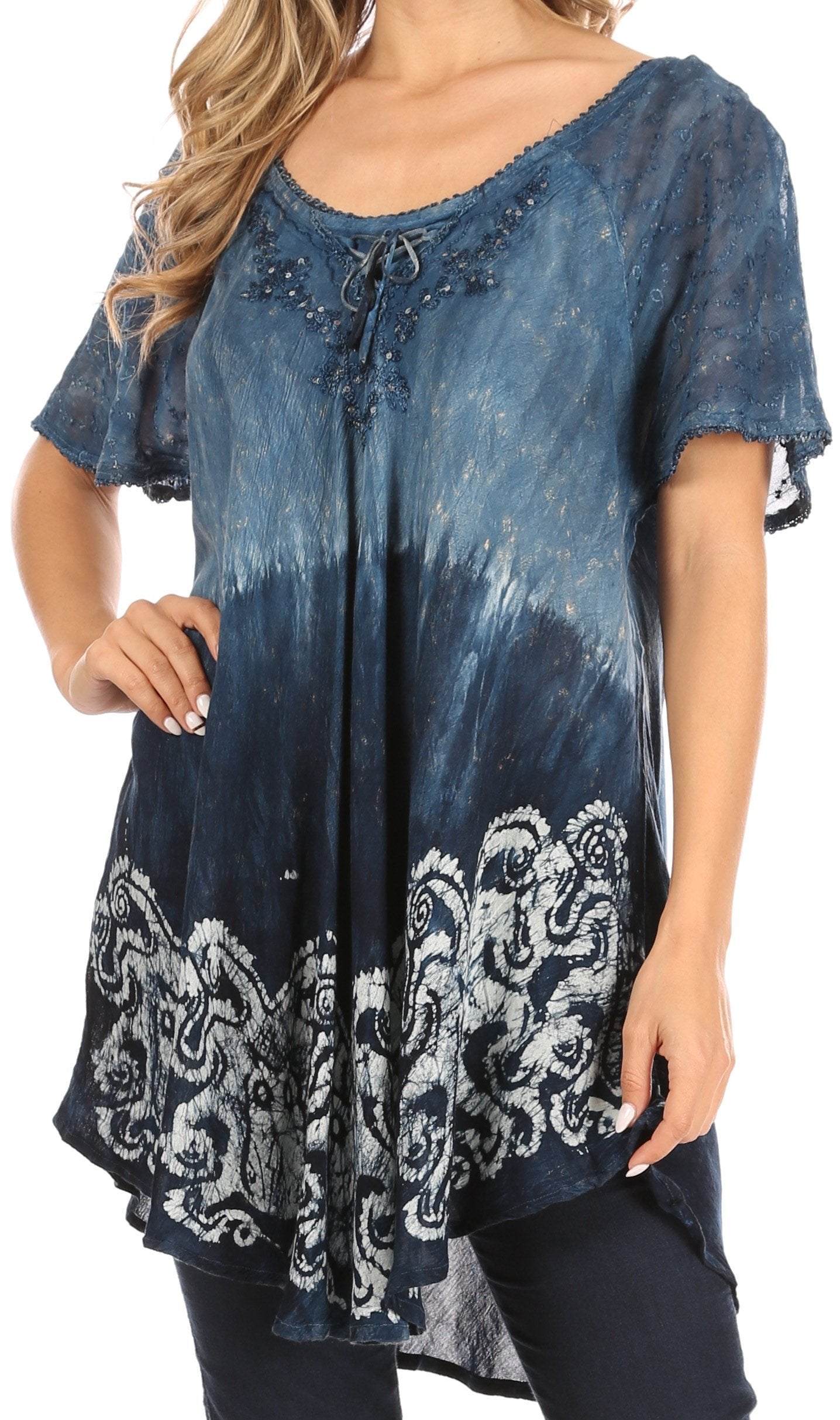Sakkas Petra Women's Casual Loose Flared Corset Short Sleeve Lace Blouse Top Tunic - Buy One Get One Free