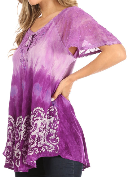 Sakkas Petra Women's Casual Loose Flared Corset Short Sleeve Lace Blouse Top Tunic - Buy One Get One Free