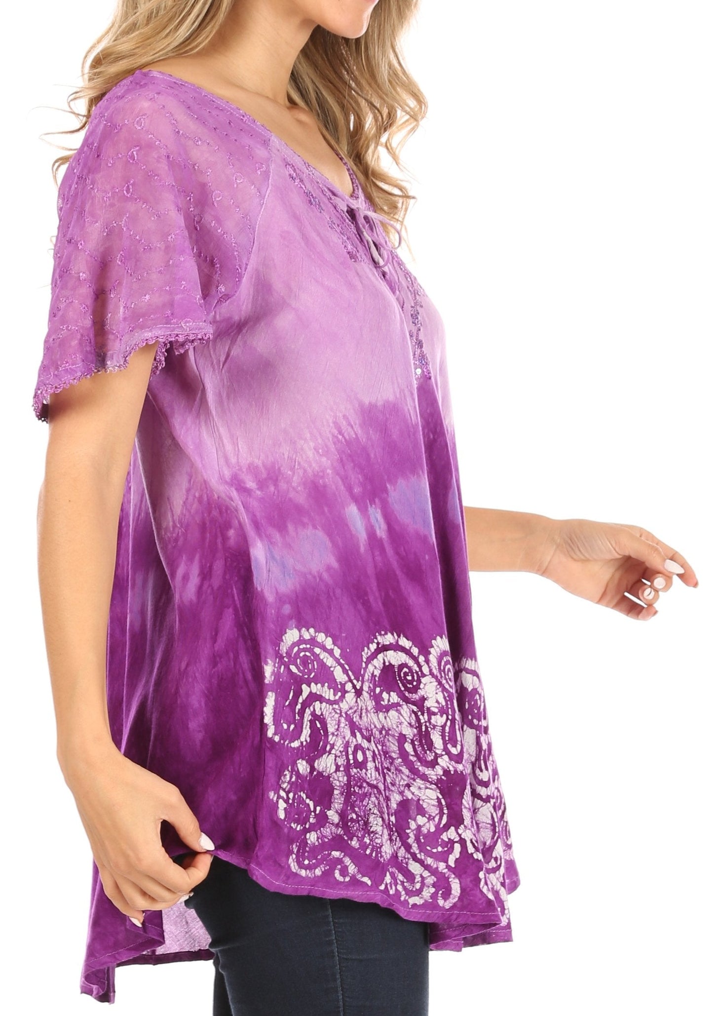 Sakkas Petra Women's Casual Loose Flared Corset Short Sleeve Lace Blouse Top Tunic - Buy One Get One Free