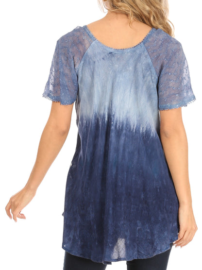 Sakkas Petra Women's Casual Loose Flared Corset Short Sleeve Lace Blouse Top Tunic - Buy One Get One Free