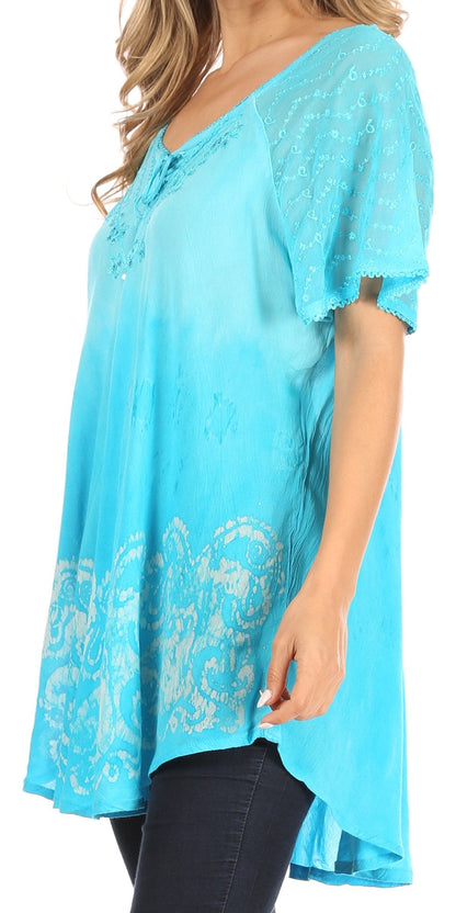 Sakkas Petra Women's Casual Loose Flared Corset Short Sleeve Lace Blouse Top Tunic - Buy One Get One Free