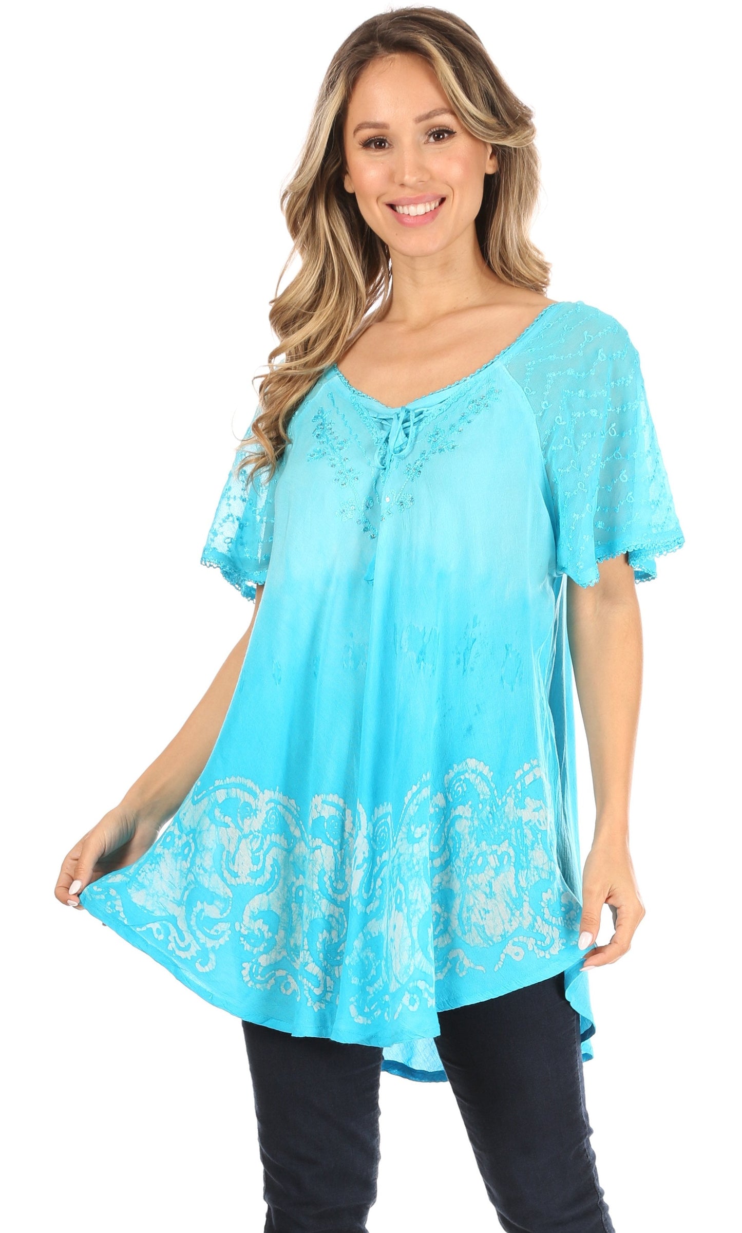 Sakkas Petra Women's Casual Loose Flared Corset Short Sleeve Lace Blouse Top Tunic - Buy One Get One Free