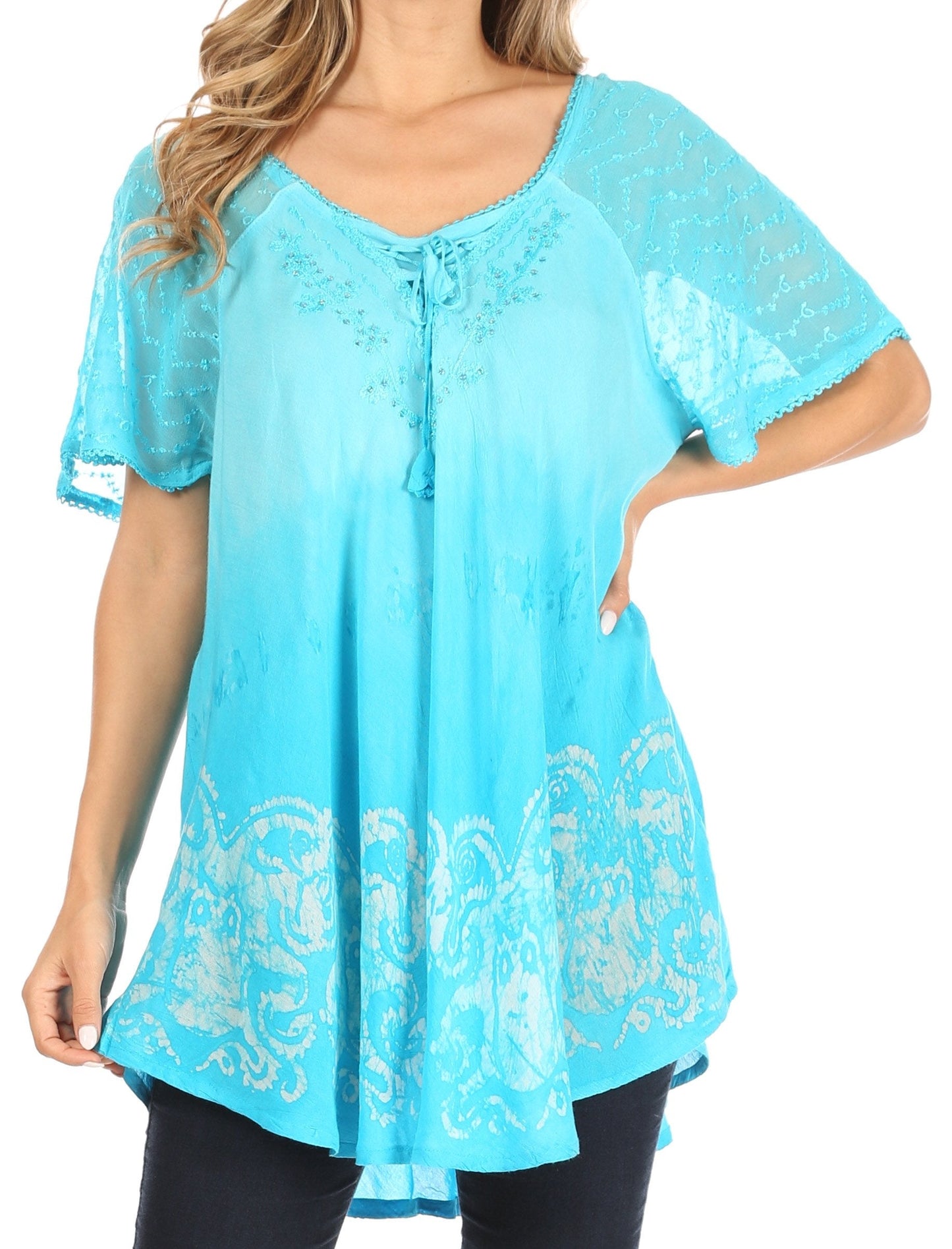 Sakkas Petra Women's Casual Loose Flared Corset Short Sleeve Lace Blouse Top Tunic - Buy One Get One Free