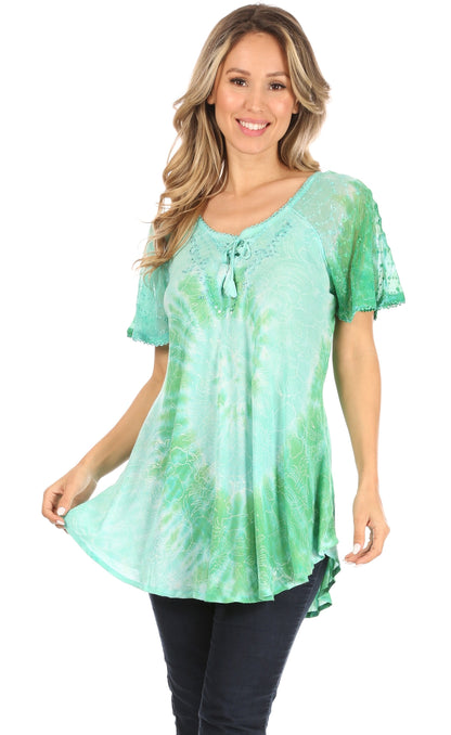 Sakkas Petra Women's Casual Loose Flared Corset Short Sleeve Lace Blouse Top Tunic - Buy One Get One Free