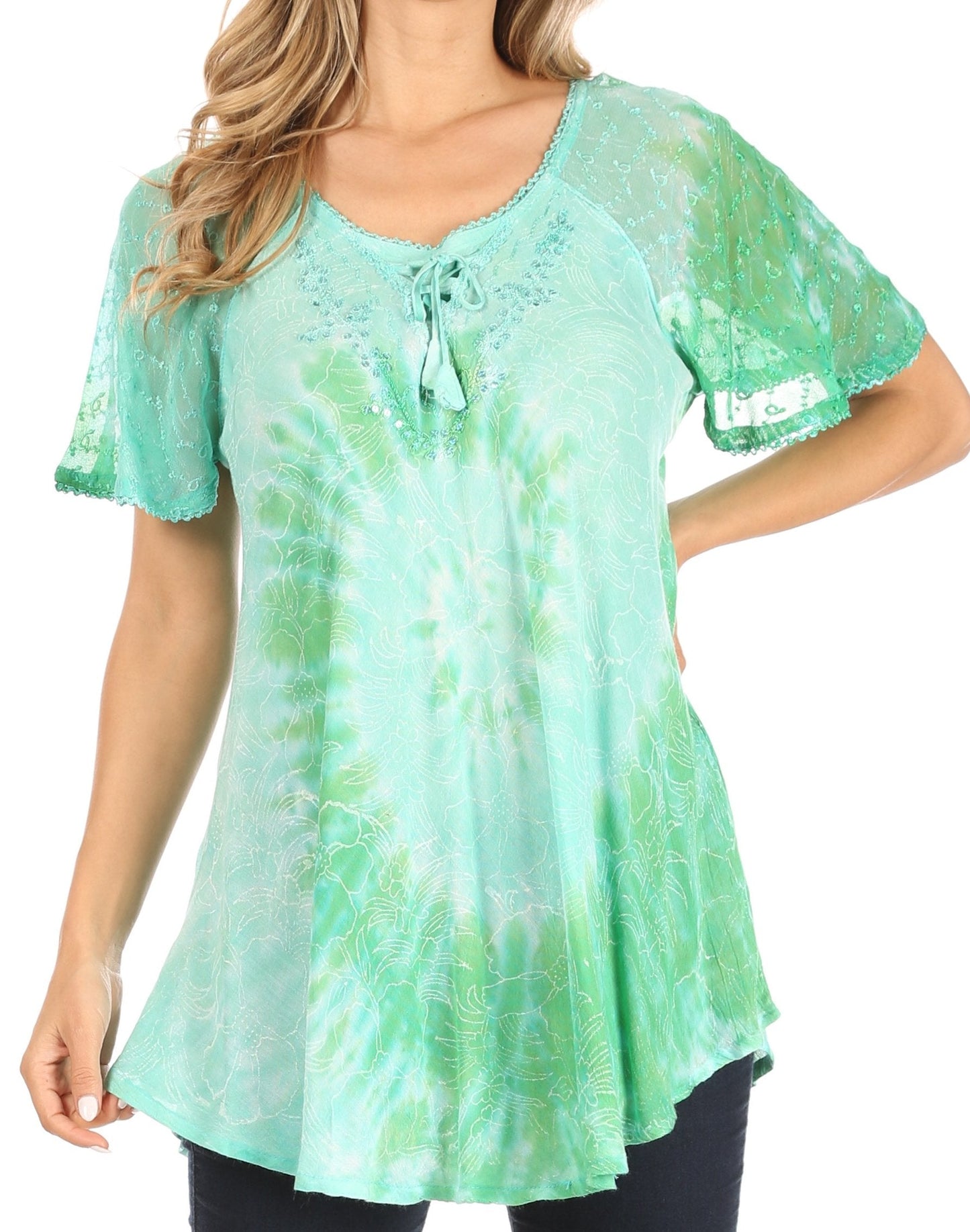 Sakkas Petra Women's Casual Loose Flared Corset Short Sleeve Lace Blouse Top Tunic - Buy One Get One Free