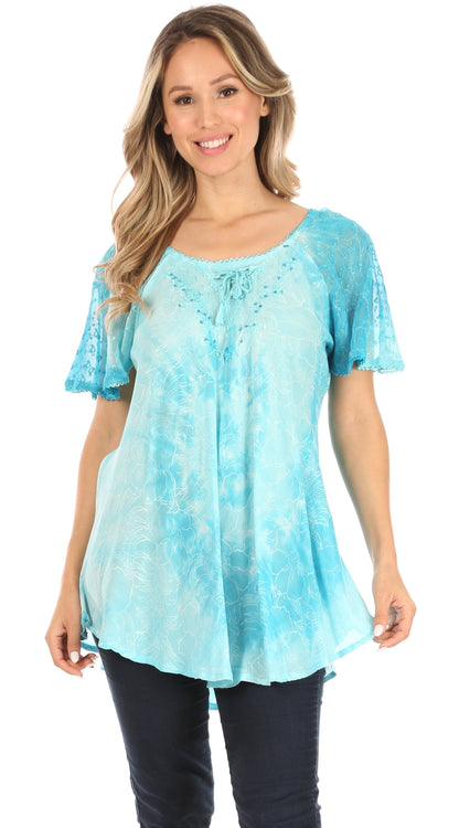 Sakkas Petra Women's Casual Loose Flared Corset Short Sleeve Lace Blouse Top Tunic - Buy One Get One Free