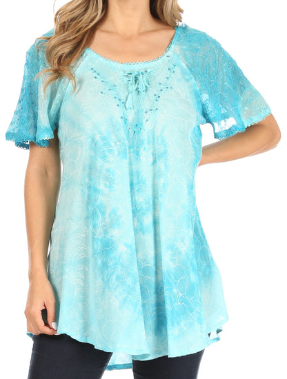 Sakkas Petra Women's Casual Loose Flared Corset Short Sleeve Lace Blouse Top Tunic - Buy One Get One Free