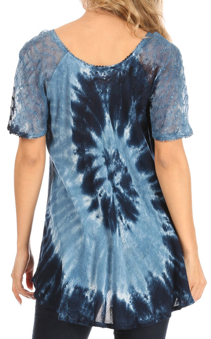 Sakkas Petra Women's Casual Loose Flared Corset Short Sleeve Lace Blouse Top Tunic - Buy One Get One Free