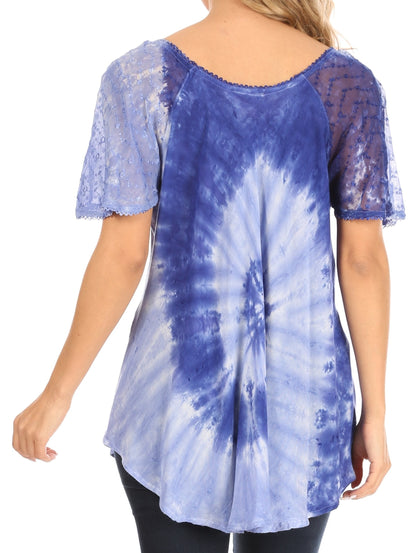 Sakkas Petra Women's Casual Loose Flared Corset Short Sleeve Lace Blouse Top Tunic - Buy One Get One Free