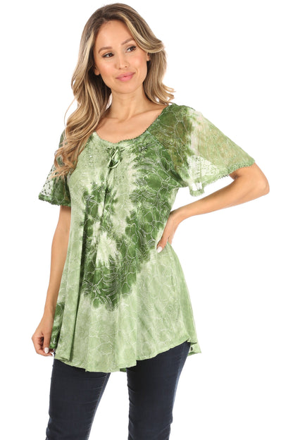 Sakkas Petra Women's Casual Loose Flared Corset Short Sleeve Lace Blouse Top Tunic - Buy One Get One Free