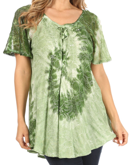 Sakkas Petra Women's Casual Loose Flared Corset Short Sleeve Lace Blouse Top Tunic - Buy One Get One Free