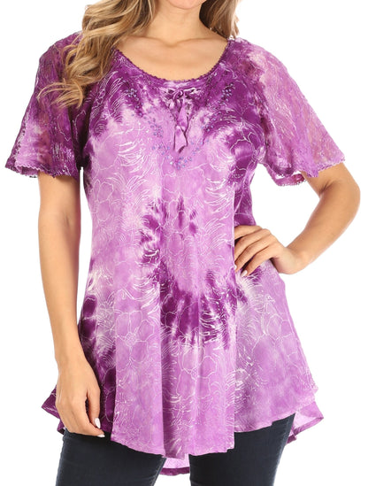 Sakkas Petra Women's Casual Loose Flared Corset Short Sleeve Lace Blouse Top Tunic - Buy One Get One Free
