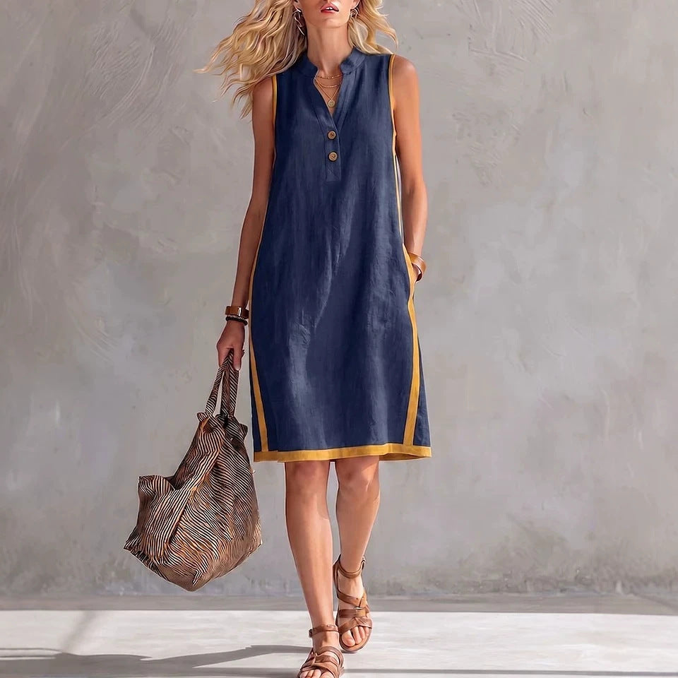 Women's Sleeveless V-Neck Button-Front Pocketed Midi Dress