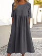 Plus Size Cotton Linen Midi Dress | Round Neck Pocket Dress
