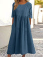 Plus Size Cotton Linen Midi Dress | Round Neck Pocket Dress