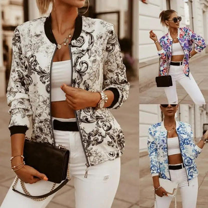 Stunning Flower Print Long Sleeve Women's Bomber Jacket Fashionable Zipper Up Vintage Coat Tops Elegant Slim Basic Ladies Jackets Outwear