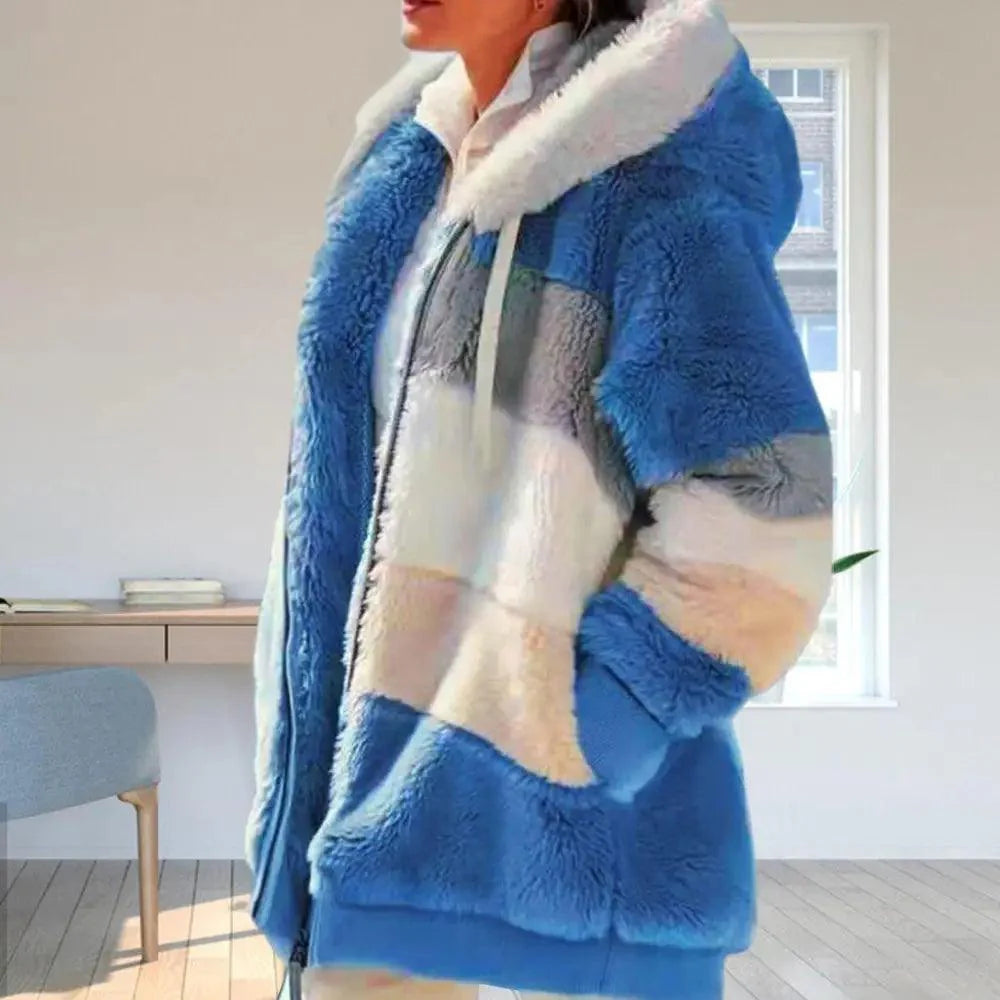 Plus Size Jacket Women Autumn Winter Long Sleeve Color Block Zipper Fluff Hooded Warm Coat Jacket