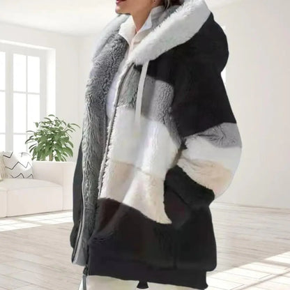 Plus Size Jacket Women Autumn Winter Long Sleeve Color Block Zipper Fluff Hooded Warm Coat Jacket