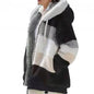 Plus Size Jacket Women Autumn Winter Long Sleeve Color Block Zipper Fluff Hooded Warm Coat Jacket